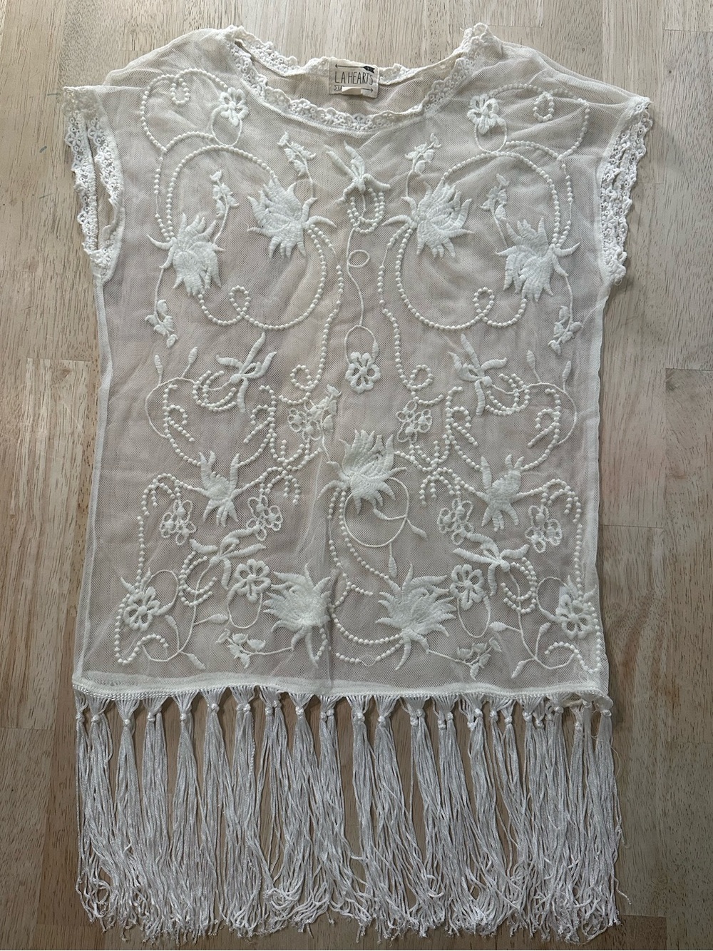 La Hearts Ivory Embroidered Fringe Tunic Top